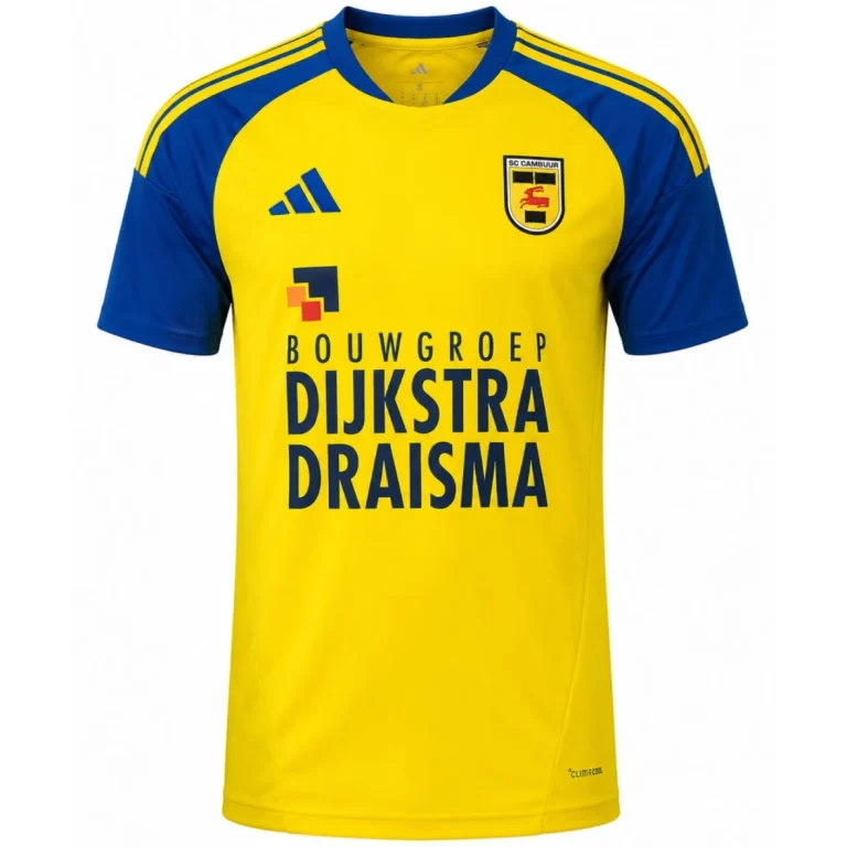 Het gele thuisshirt van SC Cambuur voor het seizoen 2026-2027 met blauwe mouwen en de sponsor Bouwgroep Dijkstra Draisma