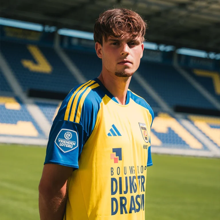 Een speler draagt het gele thuisshirt van SC Cambuur voor 2026-2027, gefotografeerd in het stadion