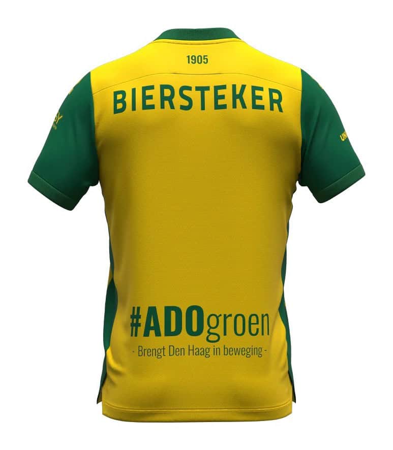 De achterkant van het thuisshirt van ADO Den Haag voor 2026-2027, met de opdruk Biersteker en de tekst #ADOgroen