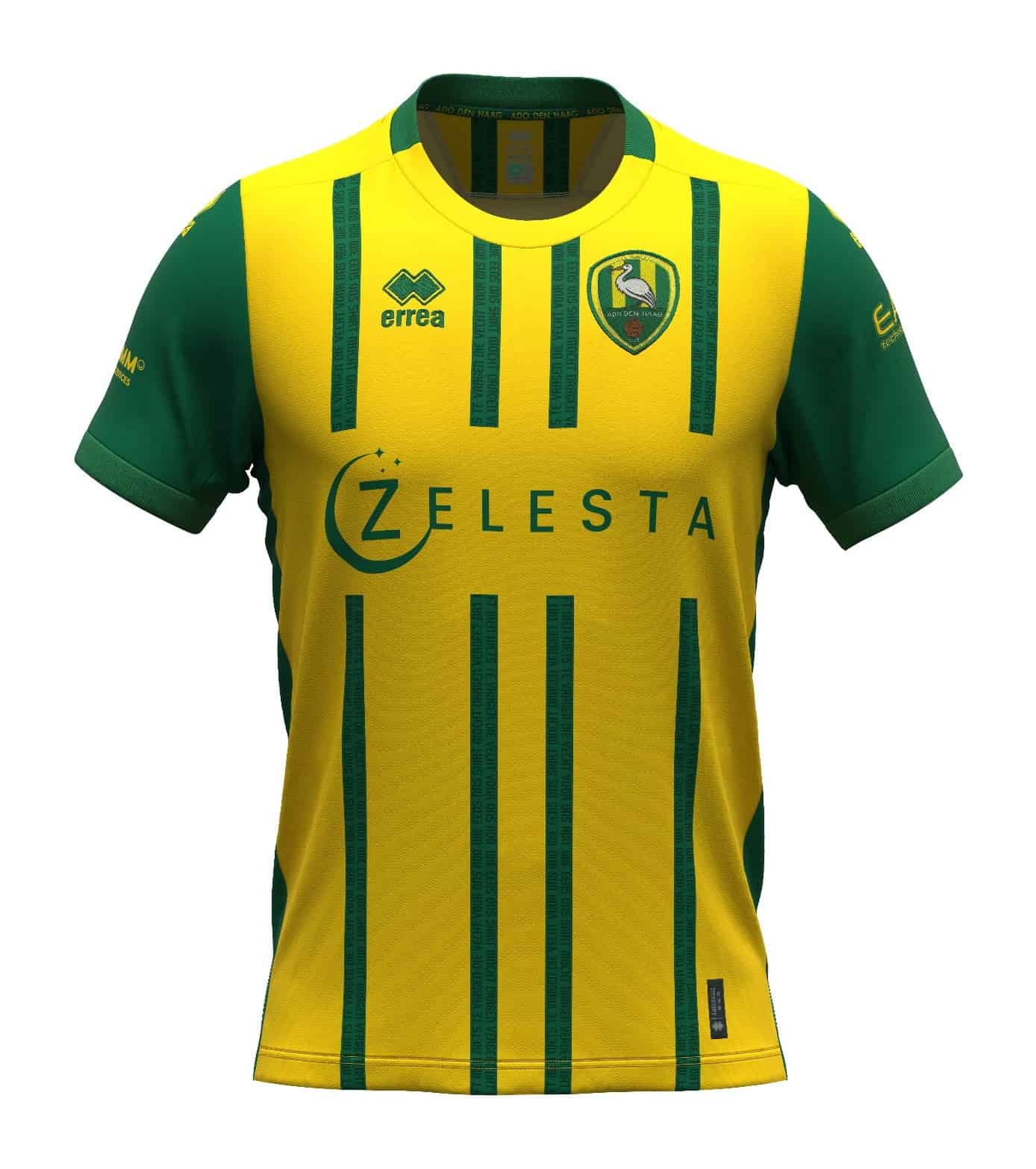 Het geel-groene thuisshirt van ADO Den Haag voor 2026-2027, schuin van voren met de groene mouwen zichtbaar
