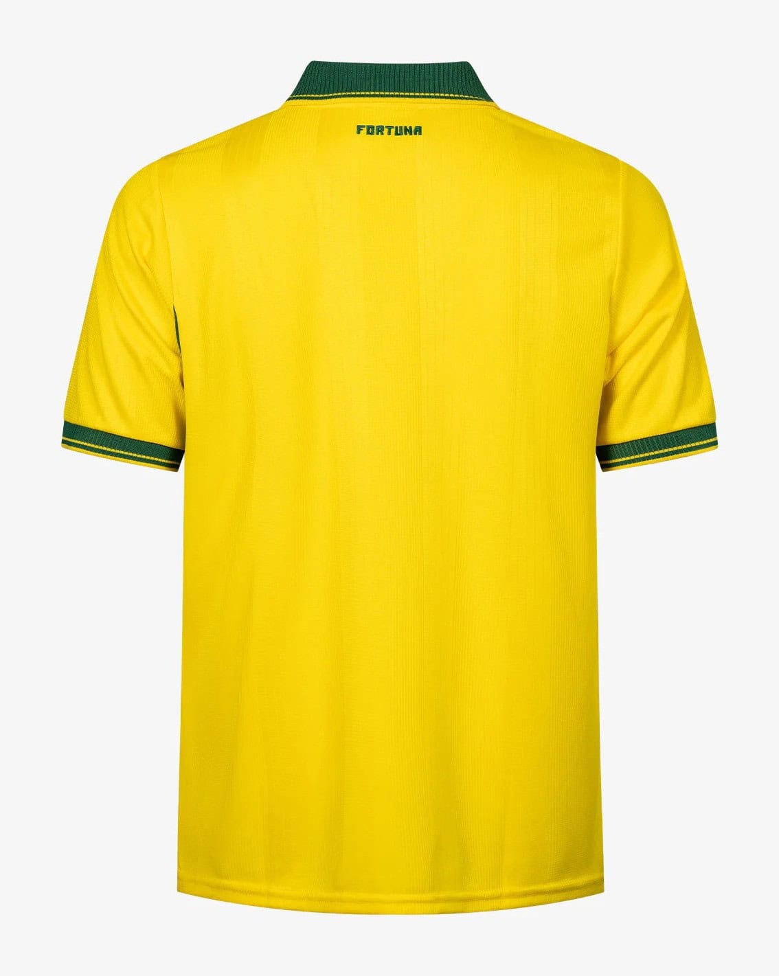 De achterkant van het gele thuisshirt van Fortuna Sittard voor 2026-2027, met de clubnaam onder de kraag