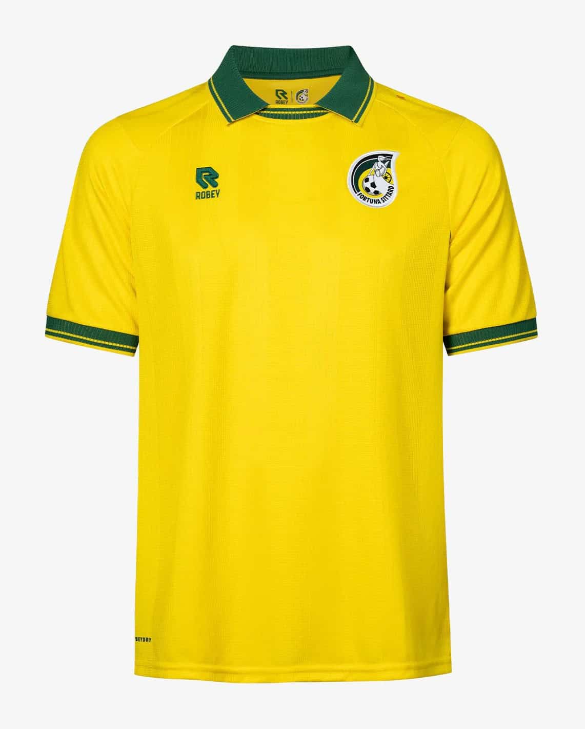 Het gele thuisshirt van Fortuna Sittard voor het seizoen 2026-2027 met groene polokraag