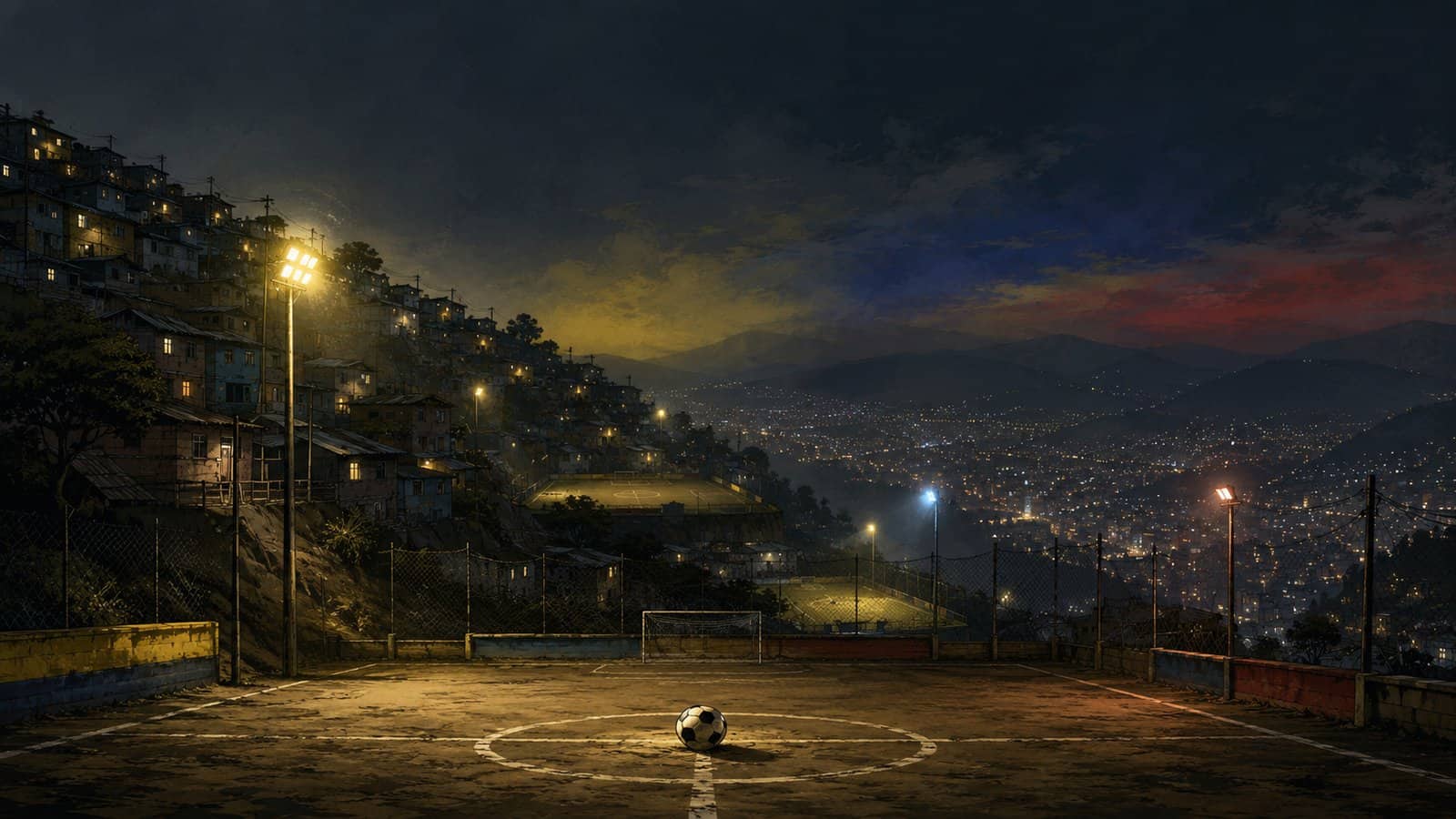 Verlicht voetbalveldje in de heuvels boven Medellín bij nacht, met de stad op de achtergrond