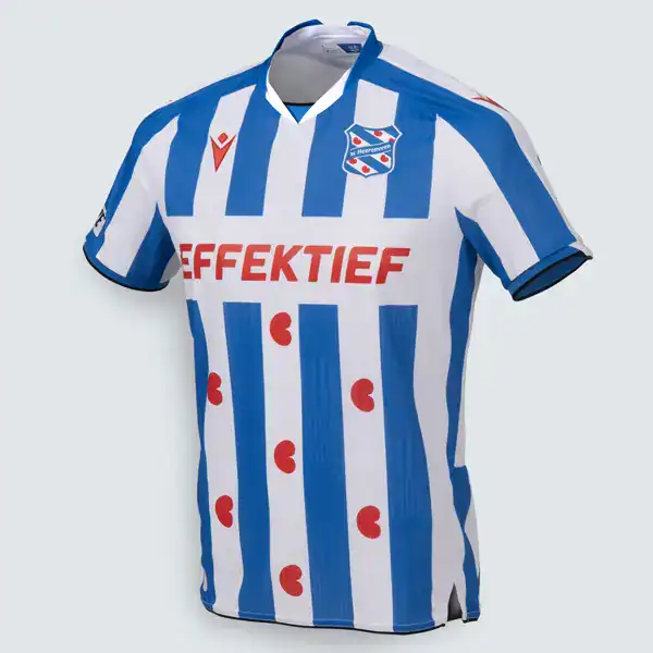 Het blauw-witte thuisshirt van SC Heerenveen voor het seizoen 2026-2027 met de Friese pompeblêden en de sponsor Effektief